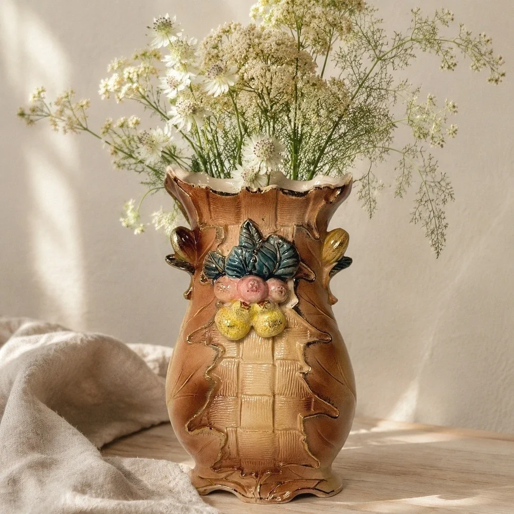 Vintage Majolica-Style Ceramic Fruit Vase Basket Weave Gold Trim 8 Inch